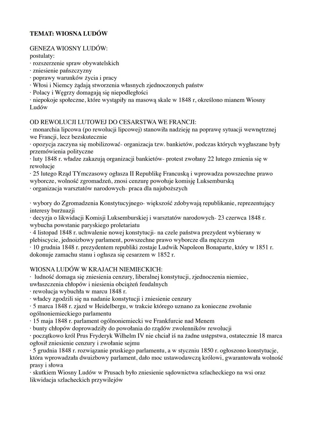 TEMAT: WIOSNA LUDÓW
GENEZA WIOSNY LUDÓW:
postulaty:
• rozszerzenie spraw obywatelskich
zniesienie pańszczyzny
poprawy warunków życia i pracy