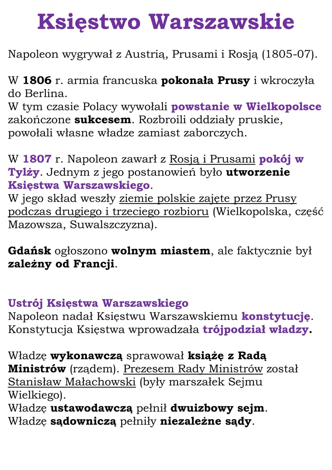 Księstwo Warszawskie
Napoleon wygrywał z Austrią, Prusami i Rosją (1805-07).
W 1806 r. armia francuska pokonała Prusy i wkroczyła
do Berlina