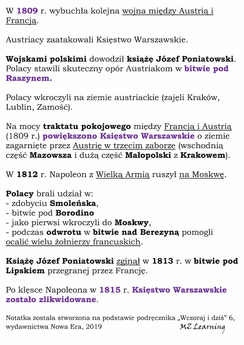 Księstwo Warszawskie
Napoleon wygrywał z Austrią, Prusami i Rosją (1805-07).
W 1806 r. armia francuska pokonała Prusy i wkroczyła
do Berlina