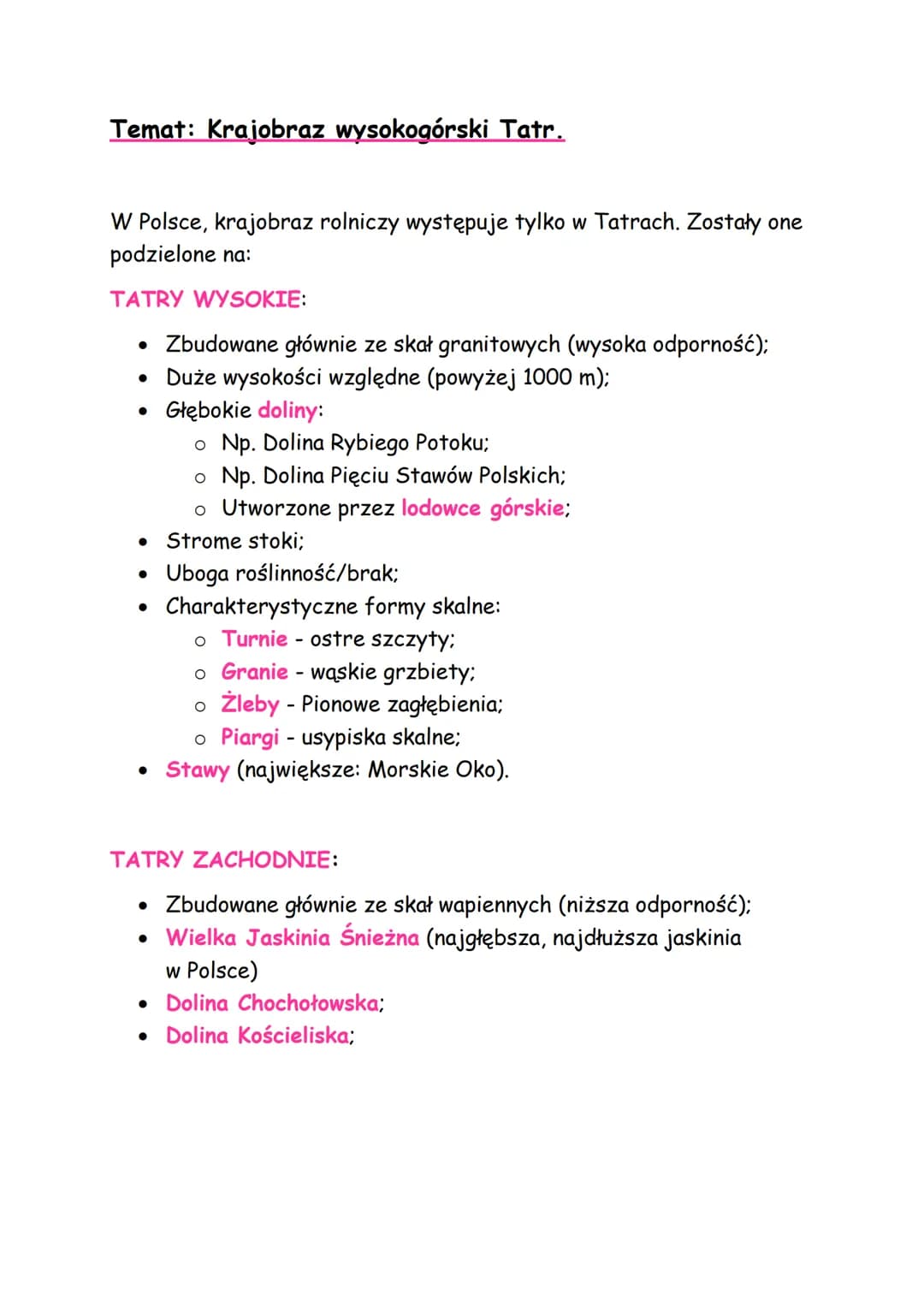 Temat: Krajobraz wysokogórski Tatr.
W Polsce, krajobraz rolniczy występuje tylko w Tatrach. Zostały one
podzielone na:
TATRY WYSOKIE:
• Zbud