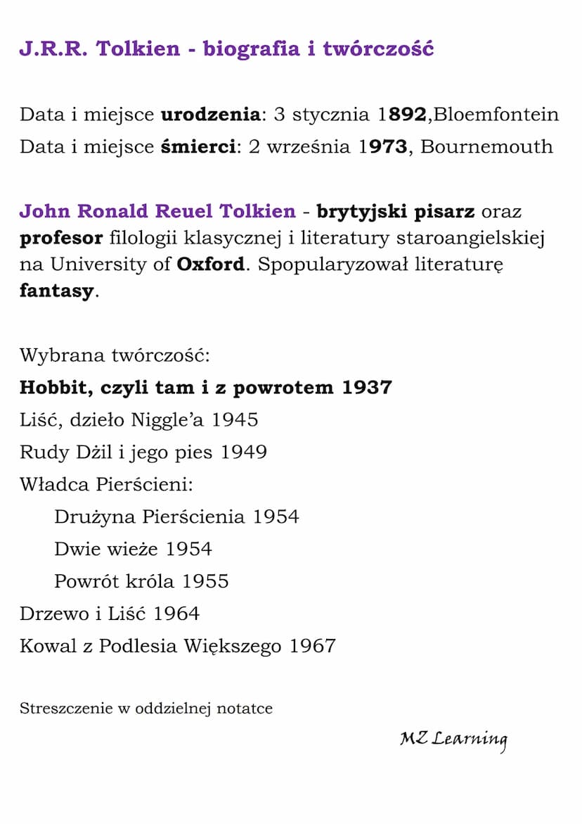 „Hobbit, czyli tam i z
powrotem" - opracowanie
Tytuł: „Hobbit, czyli tam i z powrotem”
Autor: J.R.R. Tolkien
Czas akcji: Trzecia Era Śródzie