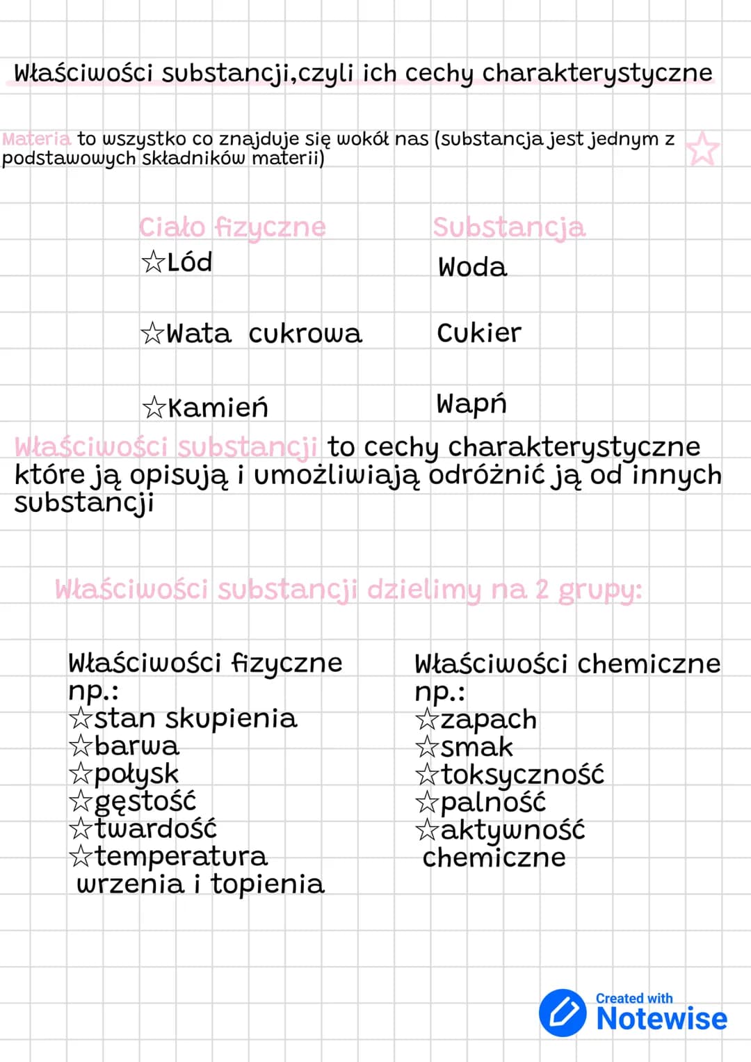 Właściwości substancji,czyli ich cechy charakterystyczne
Materia to wszystko co znajduje się wokół nas (substancja jest jednym z
podstawowyc