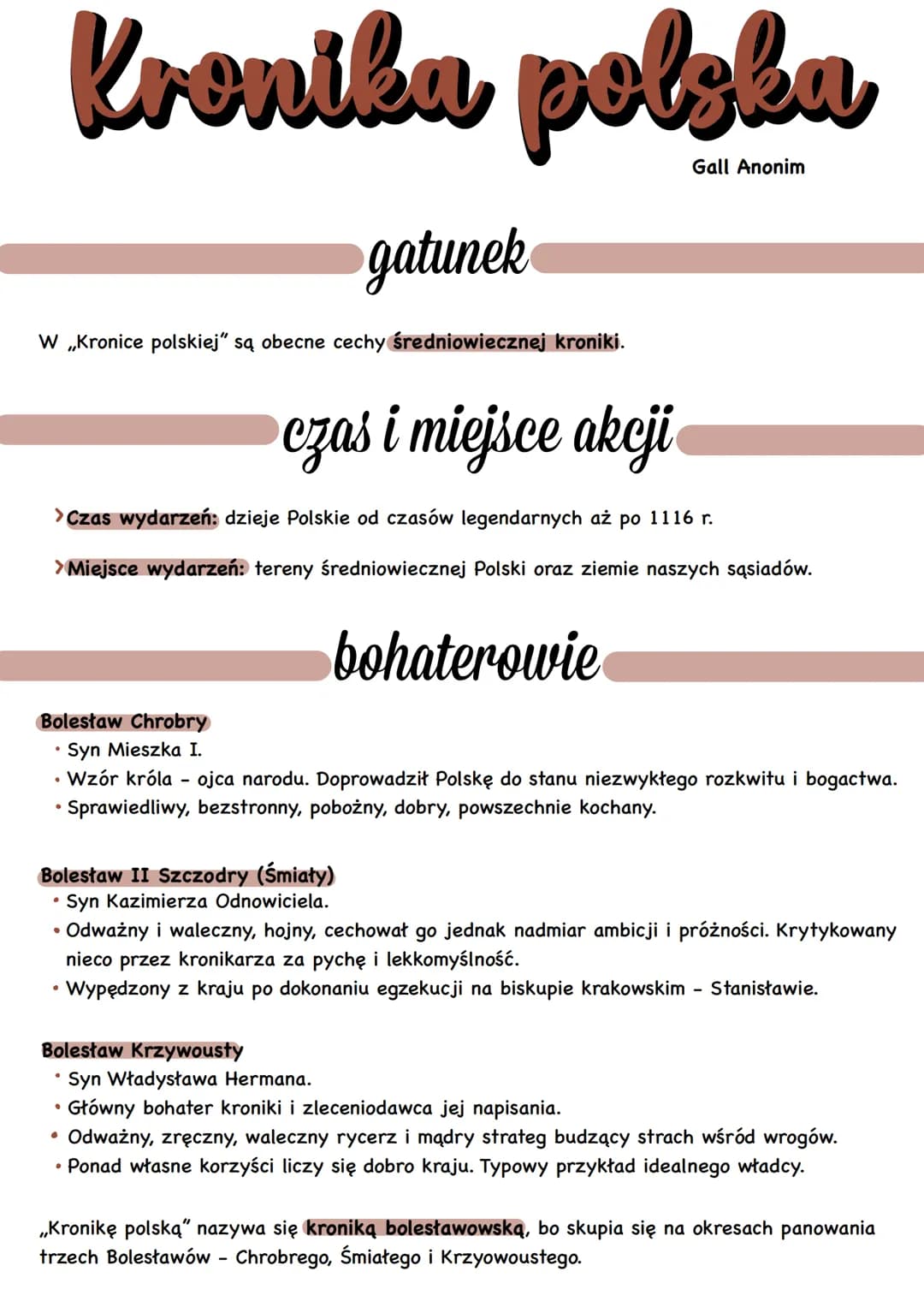 W ,,Kronice polskiej" są obecne cechy średniowiecznej kroniki.
Kroniku polsku
•
> Czas wydarzeń: dzieje Polskie od czasów legendarnych aż po