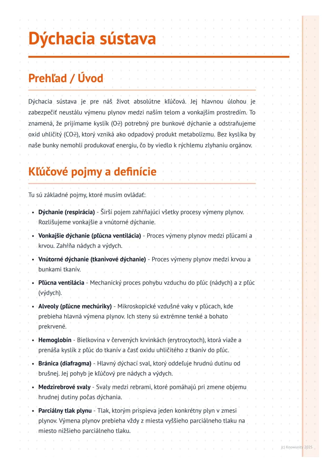 # Dýchacia sústava

## Prehľad / Úvod

Dýchacia sústava je pre náš život absolútne kľúčová. Jej hlavnou úlohou je
zabezpečiť neustálu výmenu