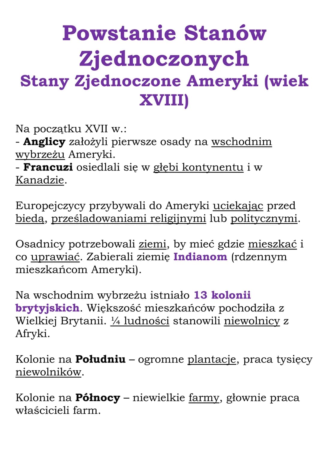 Powstanie Stanów
Zjednoczonych
Stany Zjednoczone Ameryki (wiek
XVIII)
Na początku XVII w.:
- Anglicy założyli pierwsze osady na wschodnim
wy