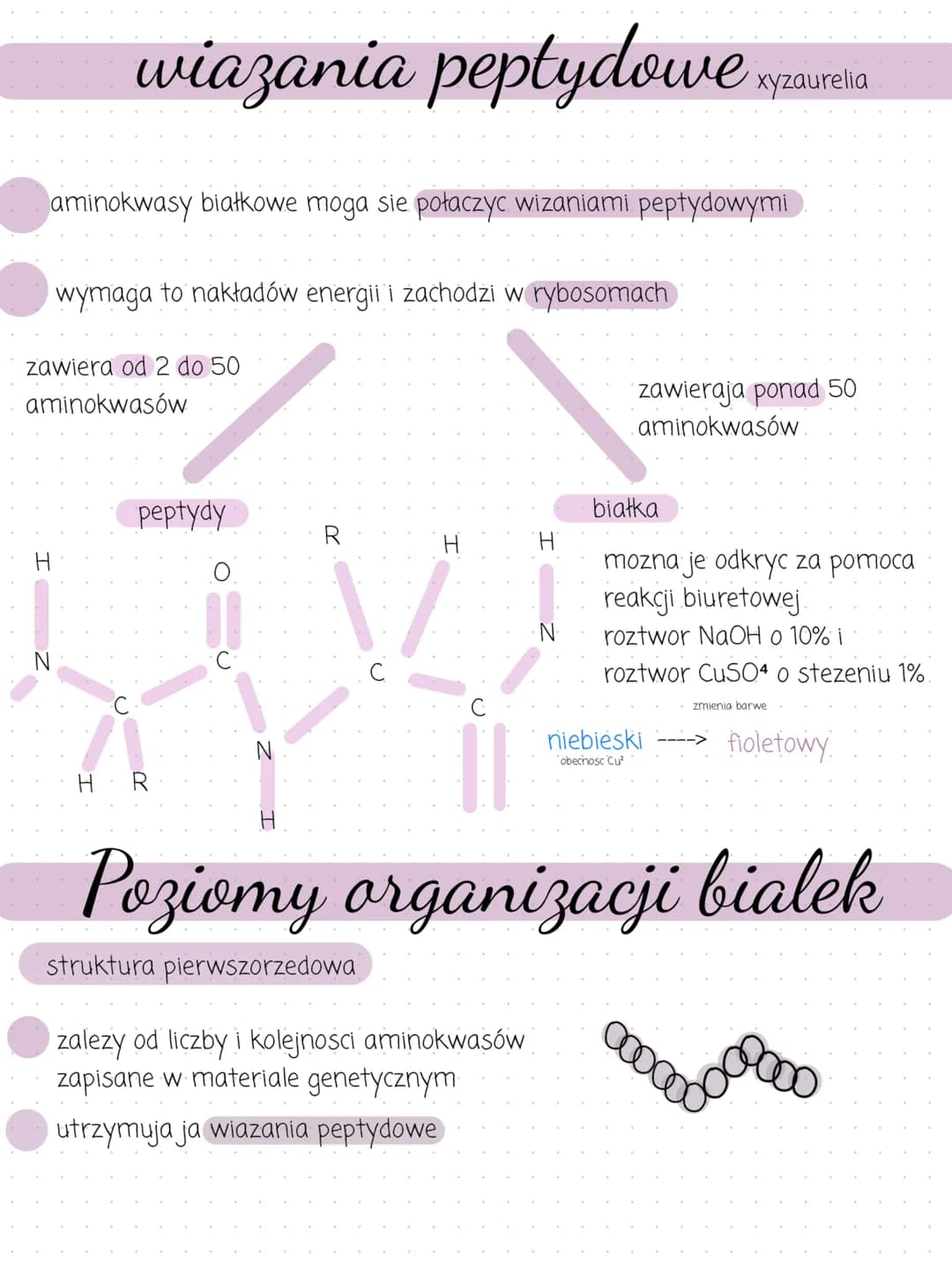 Aminokwasy
zbudowane z C, H, O, N
posiadaja grupy funkcyjne.
bialkowe
moga one sie ze soba łaczyc
tworzac poptydy i białka
ich własciwosci w