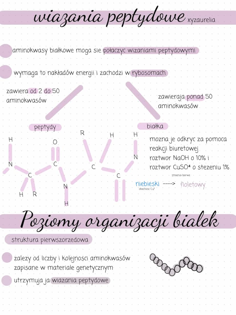 Aminokwasy
zbudowane z C, H, O, N
posiadaja grupy funkcyjne.
bialkowe
moga one sie ze soba łaczyc
tworzac poptydy i białka
ich własciwosci w