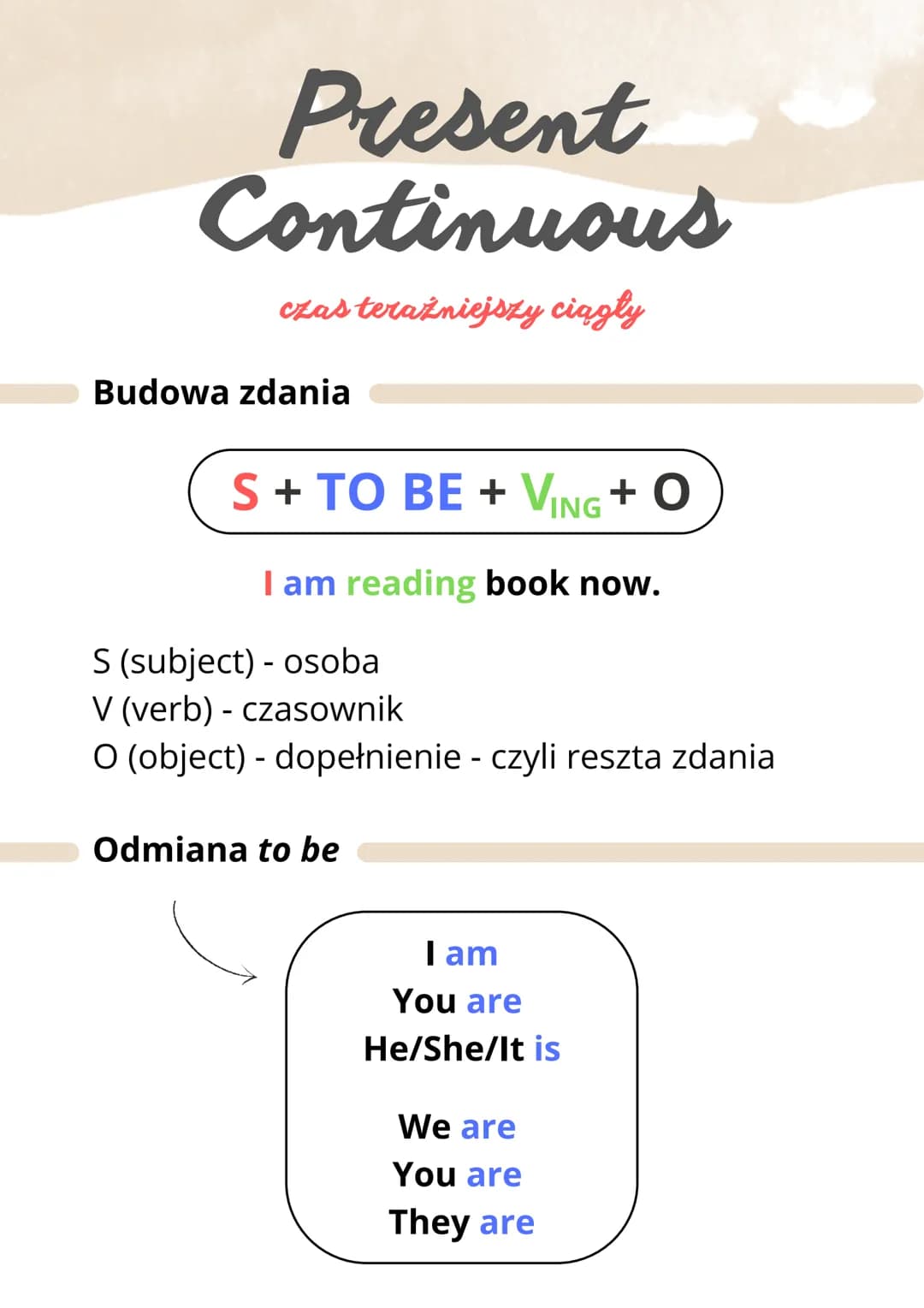 Present
Continuous
czas teraźniejszy ciągły
Budowa zdania
S + TO BE + VING + O
I am reading book now.
S (subject) - osoba
V (verb) - czasown
