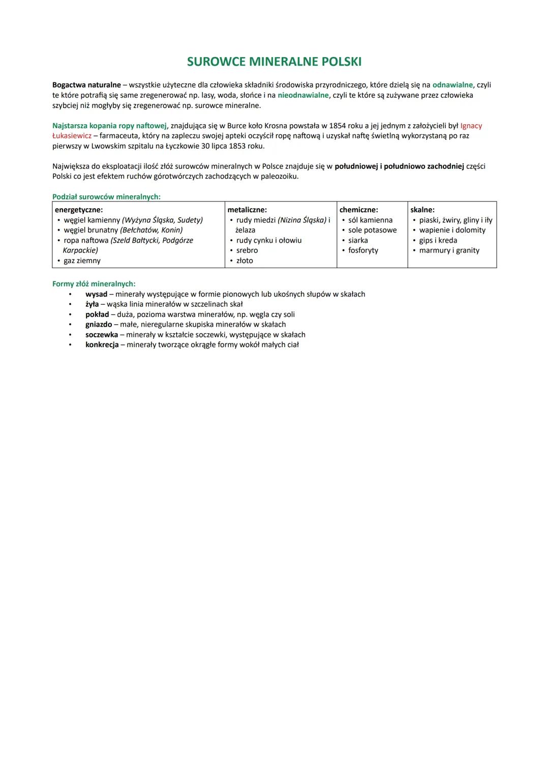 # SUROWCE MINERALNE POLSKI

Bogactwa naturalne - wszystkie użyteczne dla człowieka składniki środowiska przyrodniczego, które dzielą się na 