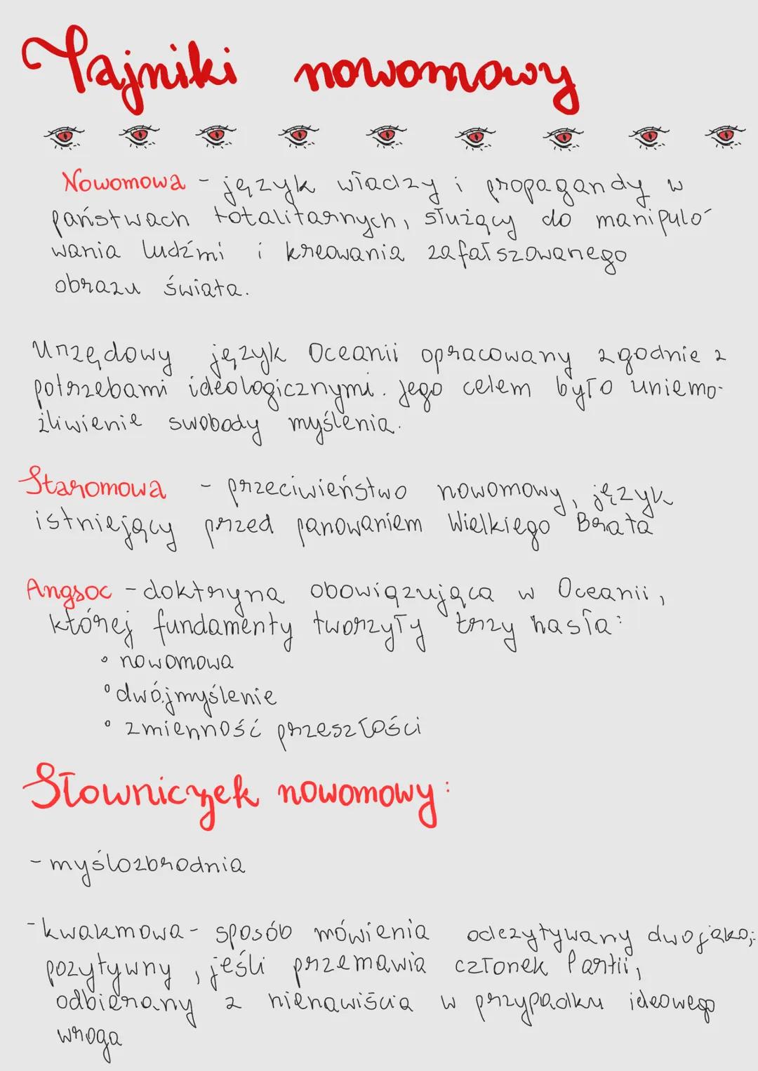 # Pajniki nowomowy

Nowomowa - język wiaczy i propagandy w
państwach totalitarnych, służquy do manipulo
wania ludźmi i kreowania zafałszowan