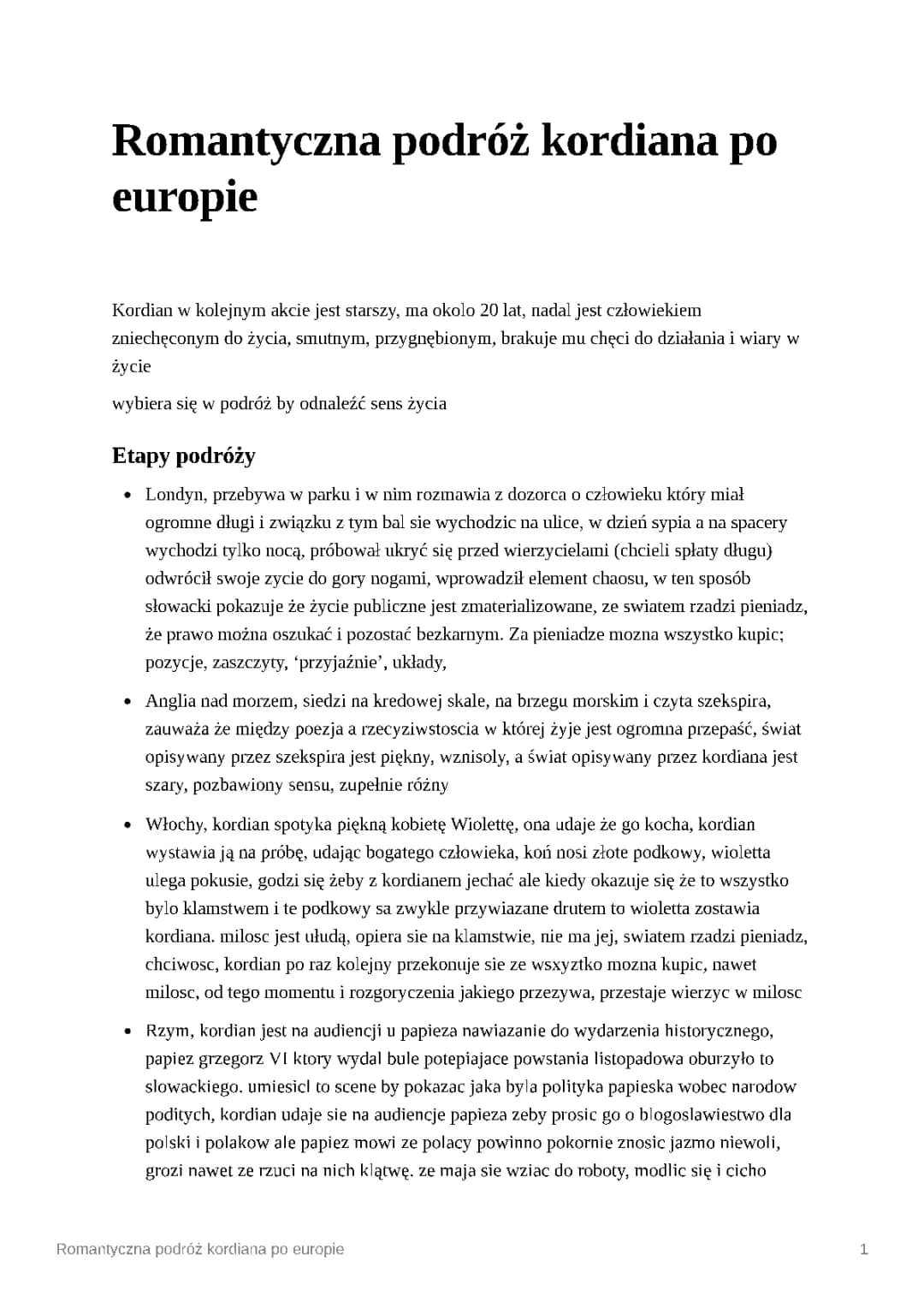 Podróże Kordiana po Europie: Opis i Etapy