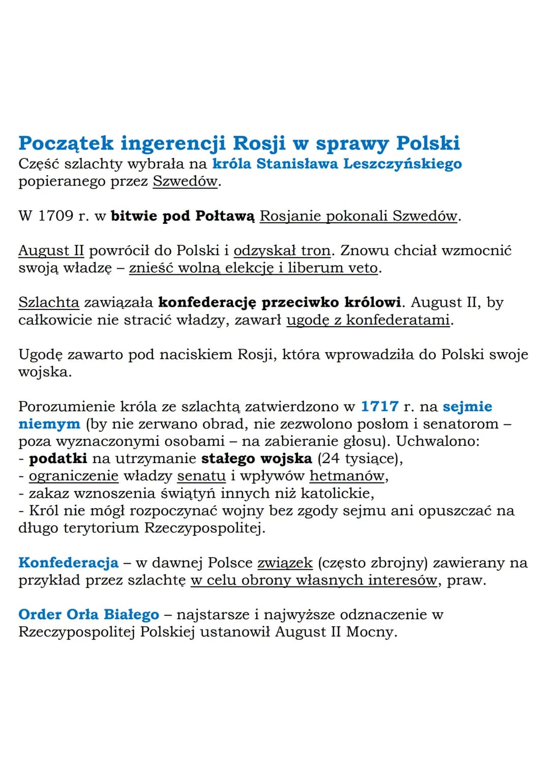 # Początek ingerencji Rosji w sprawy Polski

Część szlachty wybrała na króla Stanisława Leszczyńskiego
popieranego przez Szwedów.

W 1709 r.