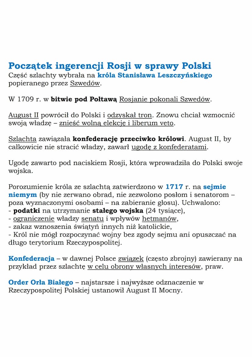 # Początek ingerencji Rosji w sprawy Polski

Część szlachty wybrała na króla Stanisława Leszczyńskiego
popieranego przez Szwedów.

W 1709 r.