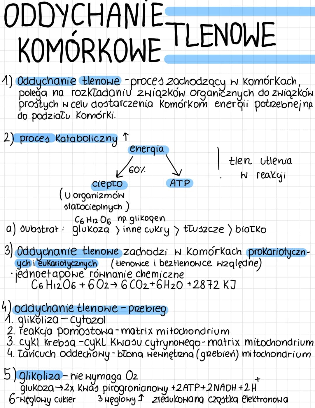 ODDYCHANIE
KOMÓRKOWE TLENOWE
1) Oddychanie tlenowe -proces zachodzący w Komórkach,
polega na rozkładaniu związków organicznych do związków
p