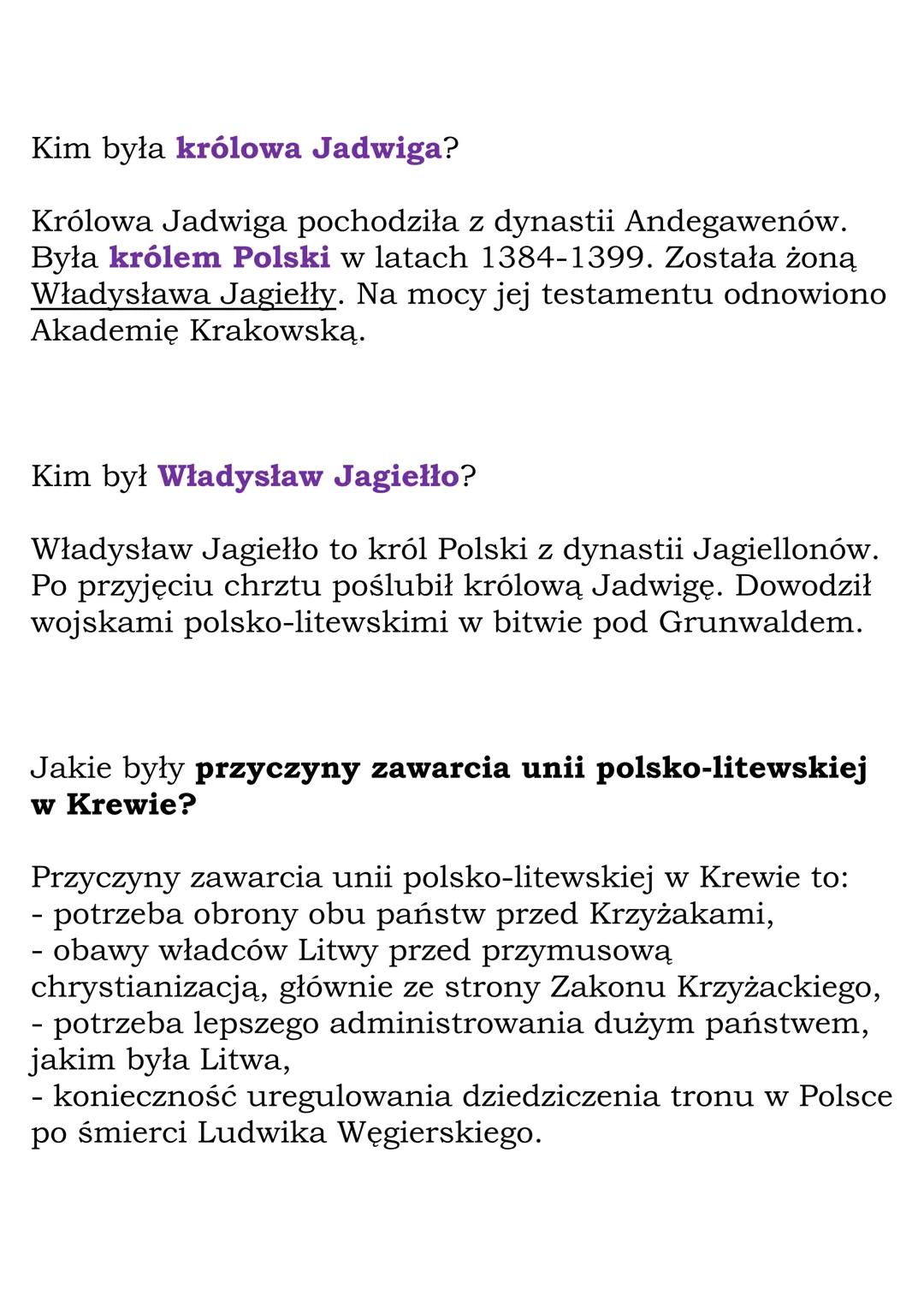 Jadwiga i Jagiełło
(Dział: Polska Jagiellonów)
Fiszki
Wyjaśnij znaczenie pojęcia unia w Krewie.
Unia w Krewie to unia polsko-litewska zawart