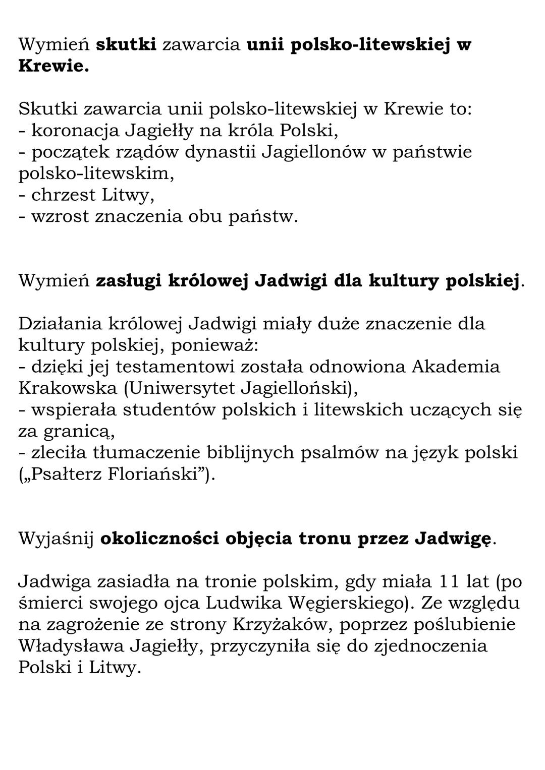 Jadwiga i Jagiełło
(Dział: Polska Jagiellonów)
Fiszki
Wyjaśnij znaczenie pojęcia unia w Krewie.
Unia w Krewie to unia polsko-litewska zawart