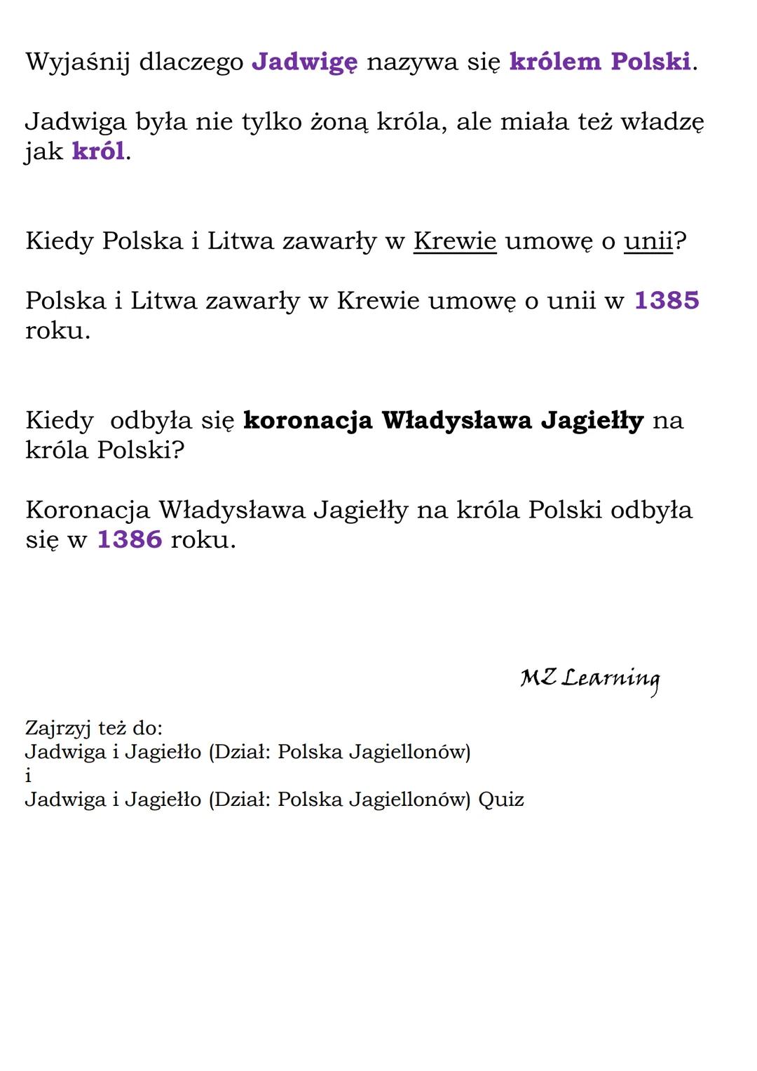 Jadwiga i Jagiełło
(Dział: Polska Jagiellonów)
Fiszki
Wyjaśnij znaczenie pojęcia unia w Krewie.
Unia w Krewie to unia polsko-litewska zawart