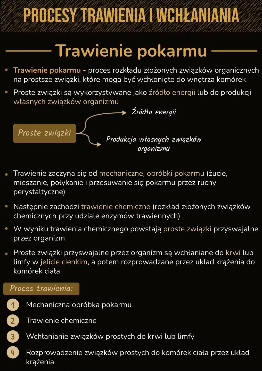 --- OCR Start ---
PROCESY TRAWIENIA I WCHŁANIΑΝΙΑ
Trawienie pokarmu
• Trawienie pokarmu - proces rozkładu złożonych związków organicznych
na