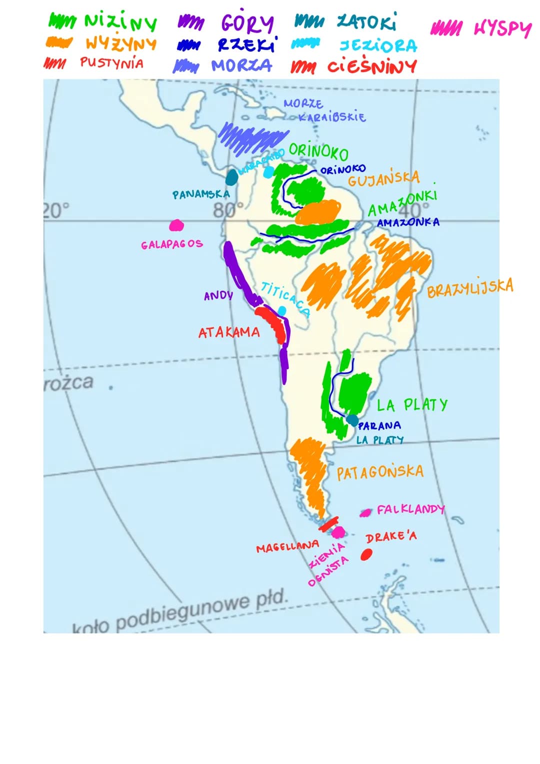 мно niziny от Gory того чатокі
WYZYNY W RZEKI
JEZIORA
WM PUSTYNIA W MORZA mm CIEŚNINY
20°
rożca
PANAMSKA
GALAPAGOS
80°
ANDY
MARACAIBO
MORZE
