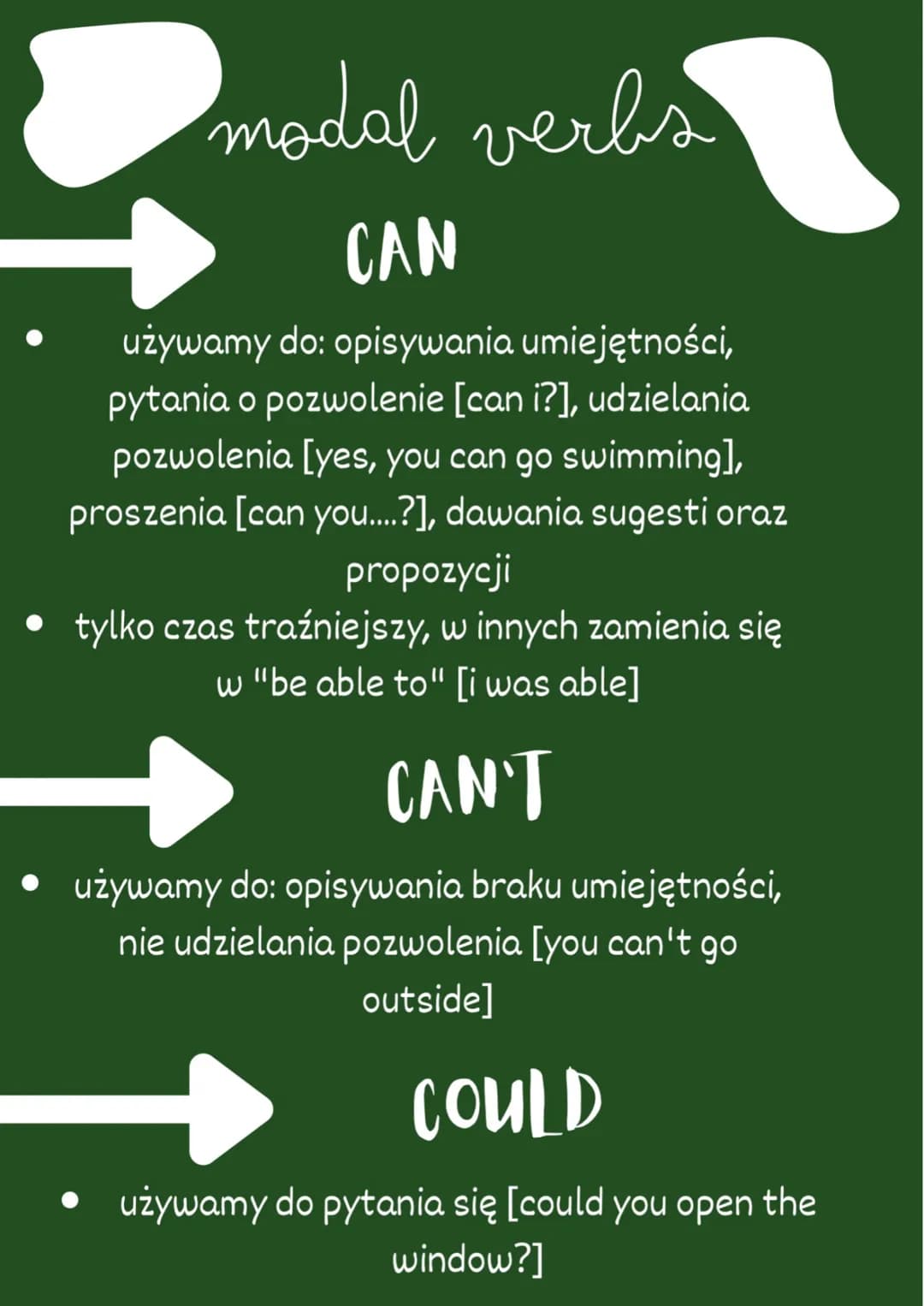 modal verbs
CAN
używamy do: opisywania umiejętności,
pytania o pozwolenie [can i?], udzielania
pozwolenia [yes, you can go swimming],
prosze