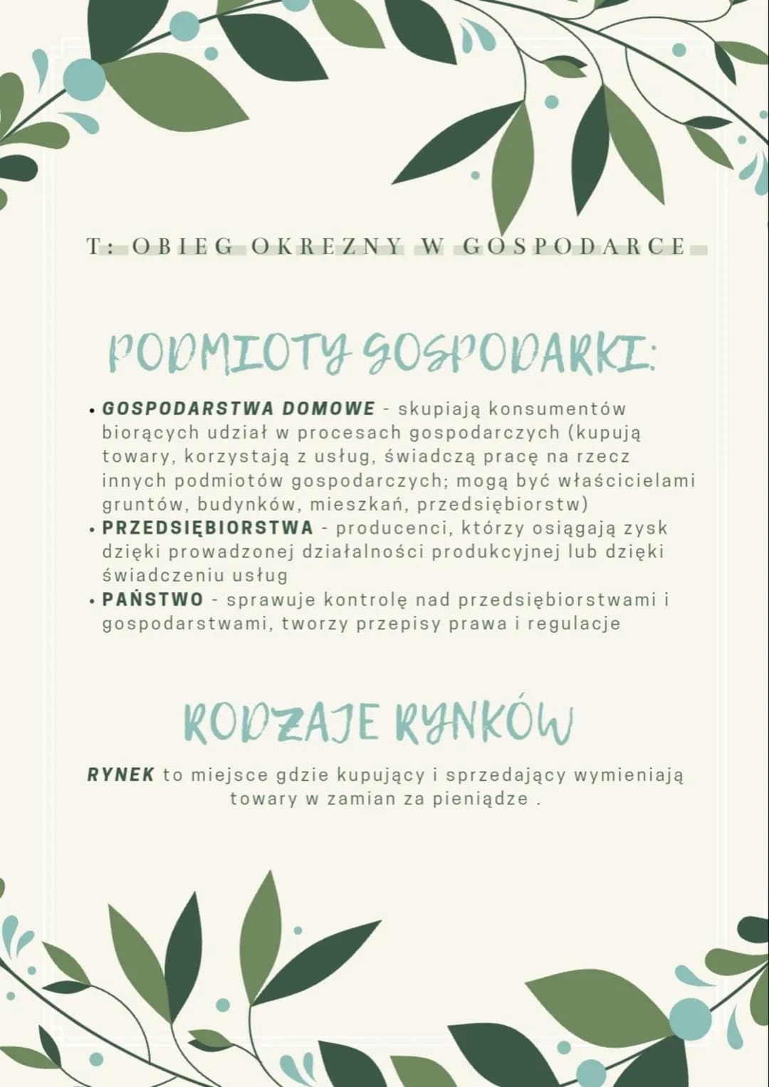 T: OBIEG OKREZNY W GOSPODARCE
PODMIOTY GOSPODARKI:
• GOSPODARSTWA DOMOWE - skupiają konsumentów
biorących udział w procesach gospodarczych (