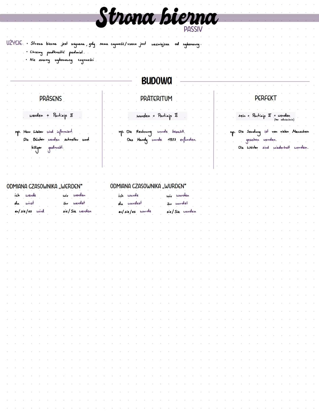 # Strona bierna
PASSIV
UZYCIE · Strona bierna jest używana, gdy sama caymość/raeca jest ważniejsza od wykonawcy.
- Chcemy podkreślić podmiot