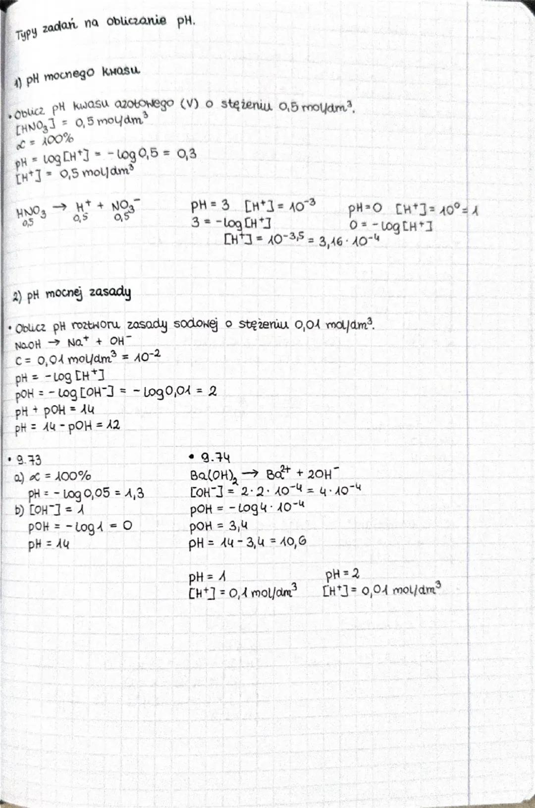 Typy zadań na obliczanie pH.
1) pH mocnego кнasu
Oblicz pH kwasu azotowego (V) o stężeniu 0.5 mol/dm³.
[HNO3] = 0,5 mol/dm³
0 = 100%
pH = lo