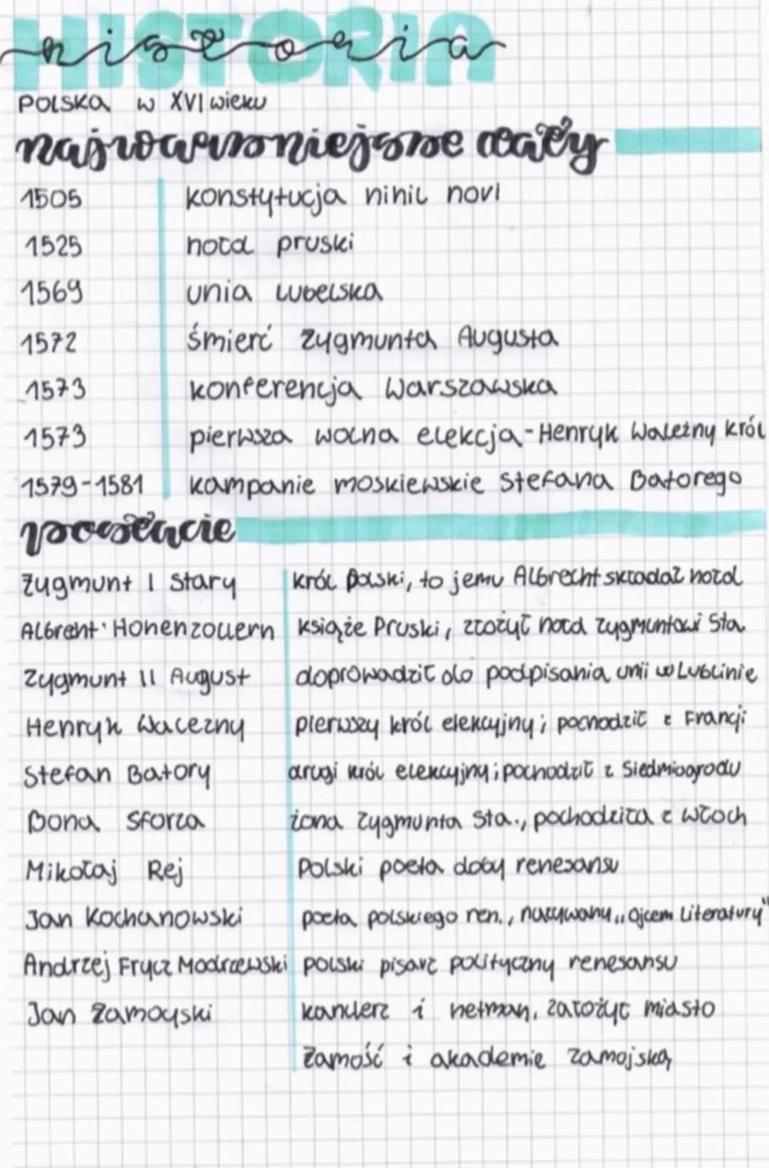niseoria
POLSKA W XVI wieku
najwarmniejsme daly
Konstytucja ninil novi
1505
1525
1569
1572
1573
1573
1579-1581
porencie
Zygmunt I Stary
Albr