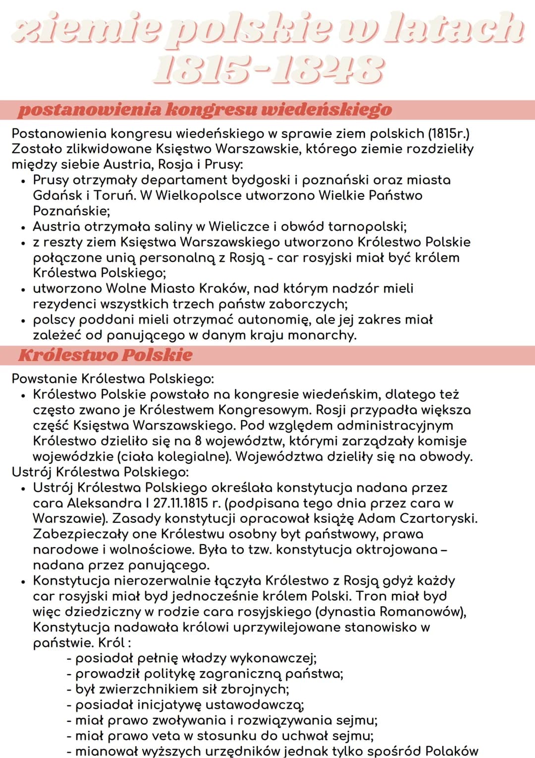 ziemie polskie w latach
1815-18218
postanowienia kongresu wiedeńskiego
Postanowienia kongresu wiedeńskiego w sprawie ziem polskich (1815r.)
