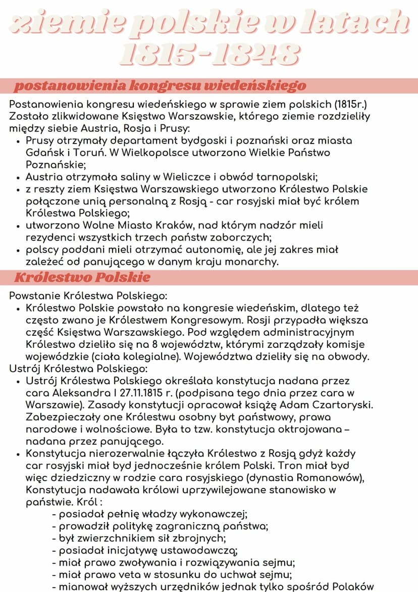 Postanowienia Kongresu Wiedeńskiego W Sprawie Polski Ziemie polskie po kongresie wiedeńskim - notatka i mapa (Historia) jako