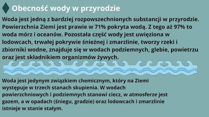 28
Woda - właściwości i rola w
przyrodzie
MAŁGOSIA CZECH VIIB Obecność wody w przyrodzie
Woda jest jedną z bardziej rozpowszechnionych subst