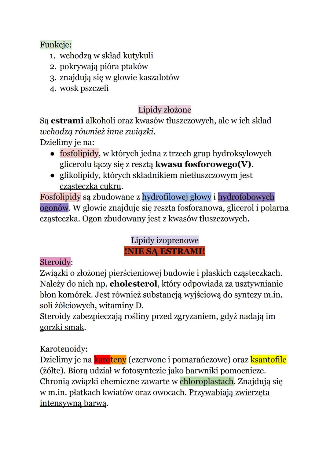BUDOWA I FUNKCJE LIPIDÓW
Lipidy składają się zwykle z C, HiO (mogą zawierać również N i P).
Ze względu na niepolarną budowę cząsteczek lipid