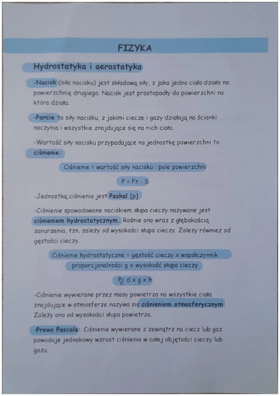FIZYKA
Hydrostatyka i aerostatyka
-Nacisk (siła nacisku) jest składową siły, z jaka jedno ciało działa na
powierzchnię drugiego. Nacisk jest