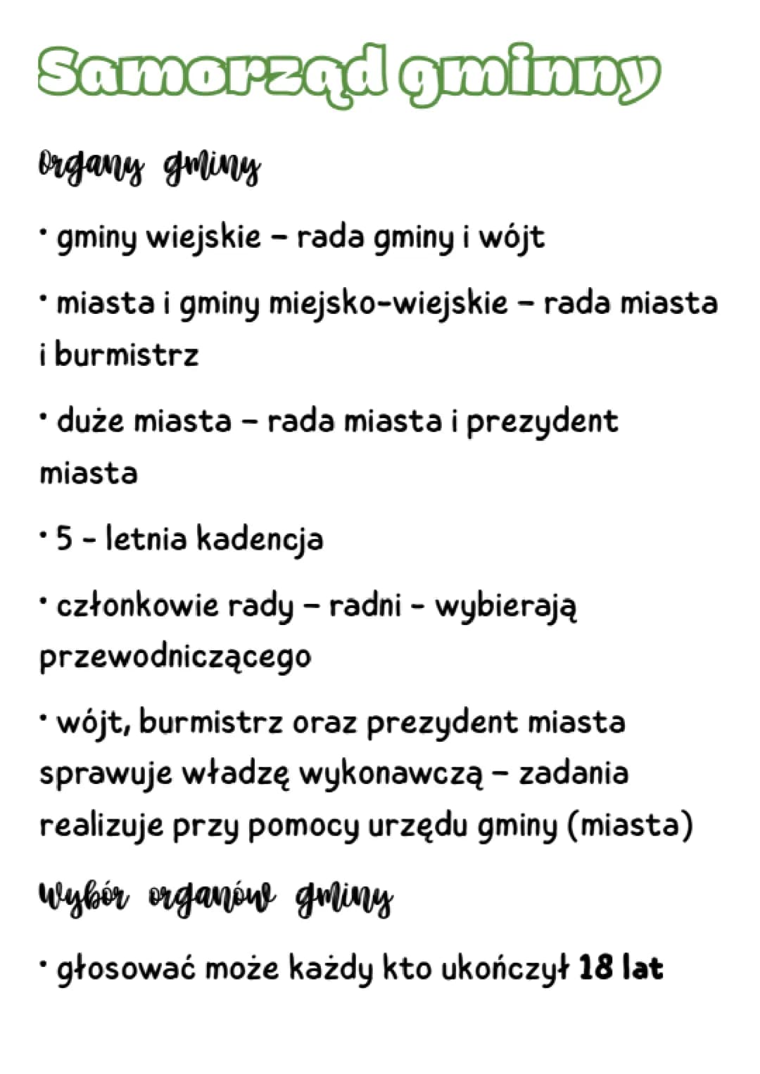 Samorząd gminny
Organy gminy
• gminy wiejskie - rada gminy i wójt
• miasta i gminy miejsko-wiejskie - rada miasta
i burmistrz
• duże miasta 