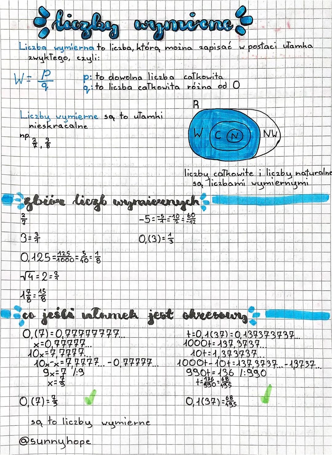 Idingly wymione
Liczba wymierna to liczba, którą można zapisać w postaci ułamka
zwykłego, czyli:
W = P
q
Liczby vymierne sa to uTamki
nieskr