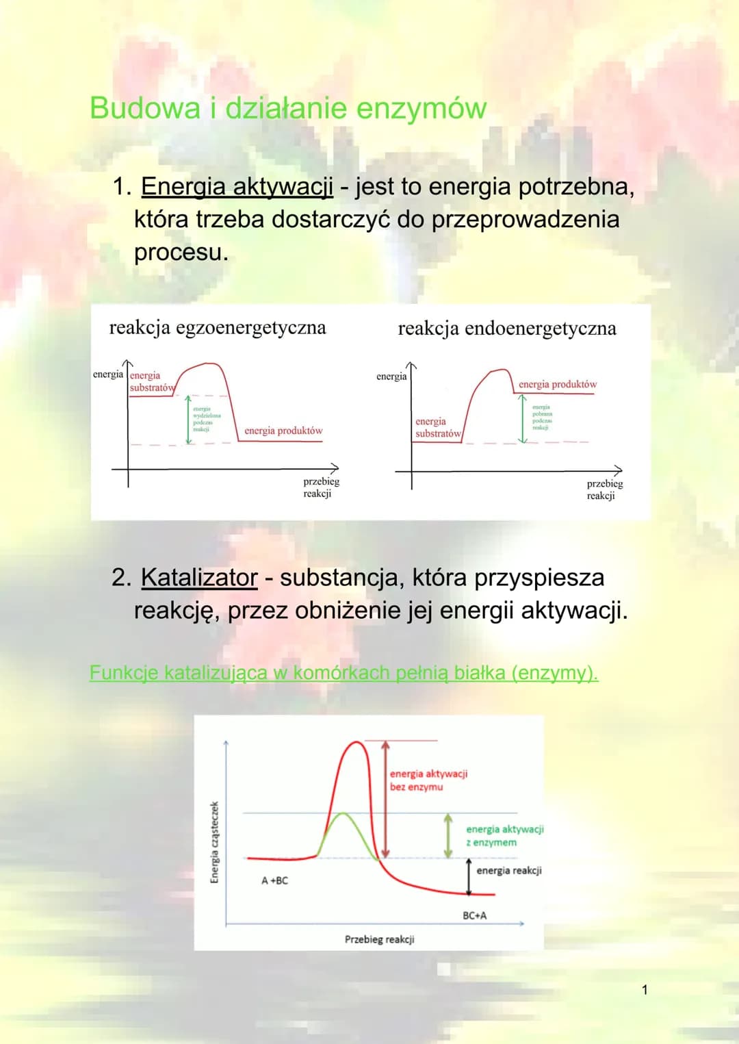 Budowa i działanie enzymów
1. Energia aktywacji - jest to energia potrzebna,
która trzeba dostarczyć do przeprowadzenia
procesu.
reakcja egz