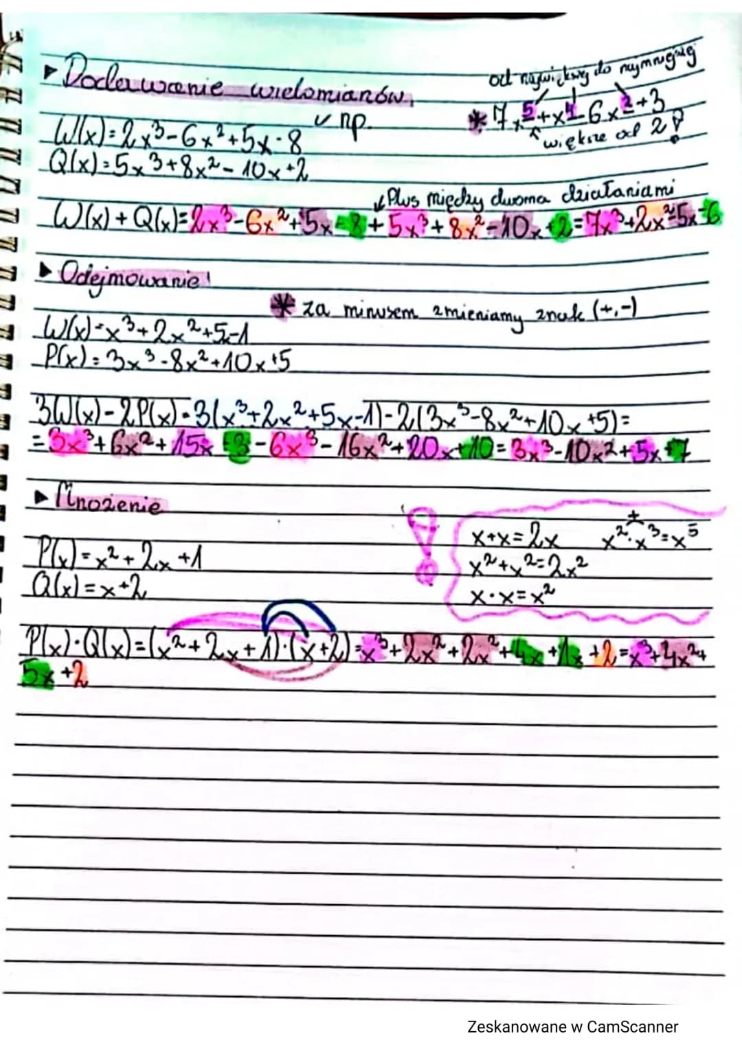 #
Dodawanie
⇒ Wlx) = 2 x ²³ - 6 x ² + 5x - 8
2
Q(x) = 5x3+ 8x² - 10x + 2
⇒_W(x) + Q(x) = 2x² - 6x² + 5x = 8 +5x² +8x²³² = 10x2=7x²+2x²5x6
✓ 