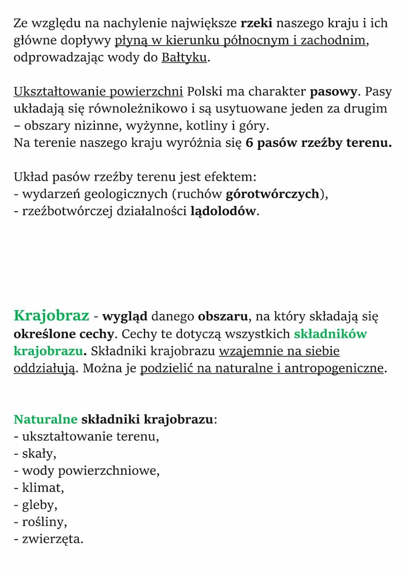 Krajobrazy Polski
Cechy ukształtowania powierzchni Polski
Ukształtowanie powierzchni jest elementem środowiska
przyrodniczego. Wiąże się z:
