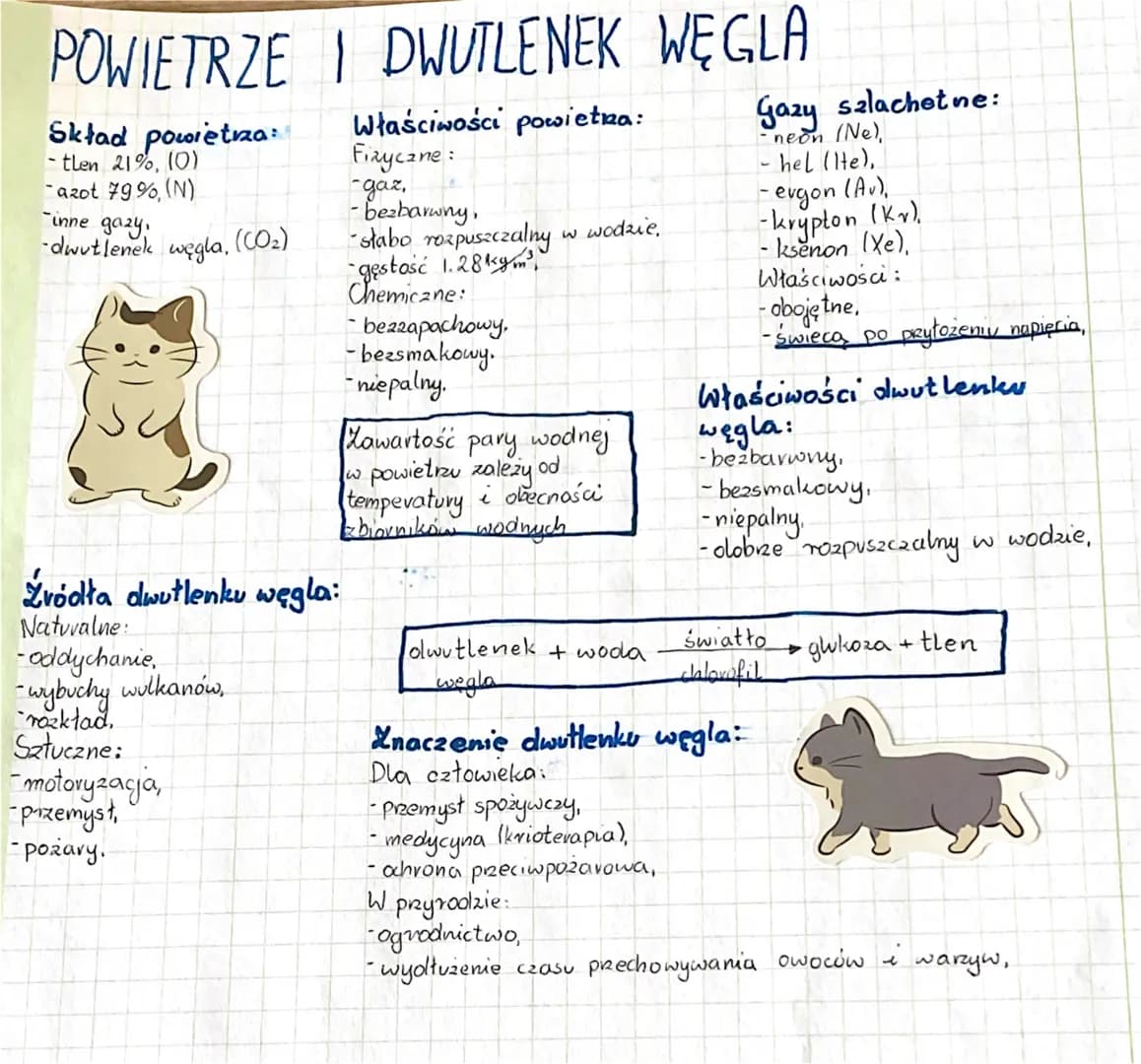 POWIETRZE I DWUTLENEK WĘGLA
Skład powietrza:
-tlen 21%, (0)
azot 79%, (N)
-inne gazy,
-dwutlenek węgla, (CO₂)
źródła dwutlenku węgla:
Natura