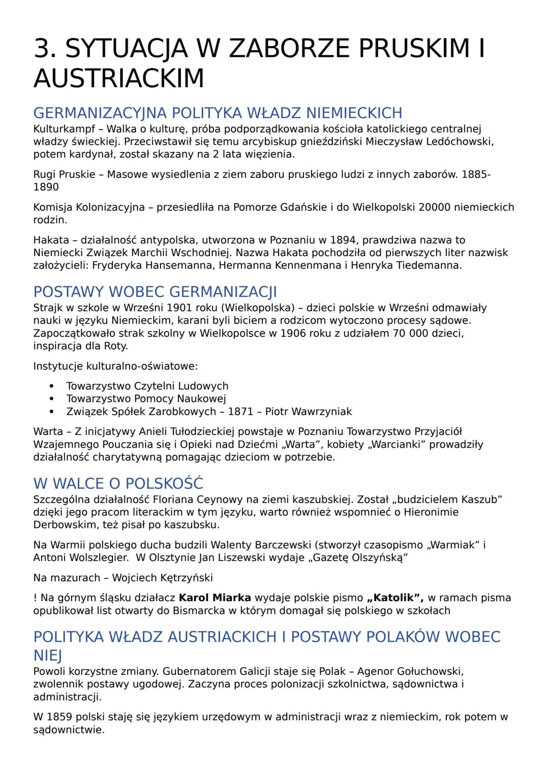 3. SYTUACJA W ZABORZE PRUSKIM I
AUSTRIACKIM
GERMANIZACYJNA POLITYKA WŁADZ NIEMIECKICH
Kulturkampf - Walka o kulturę, próba podporządkowania 