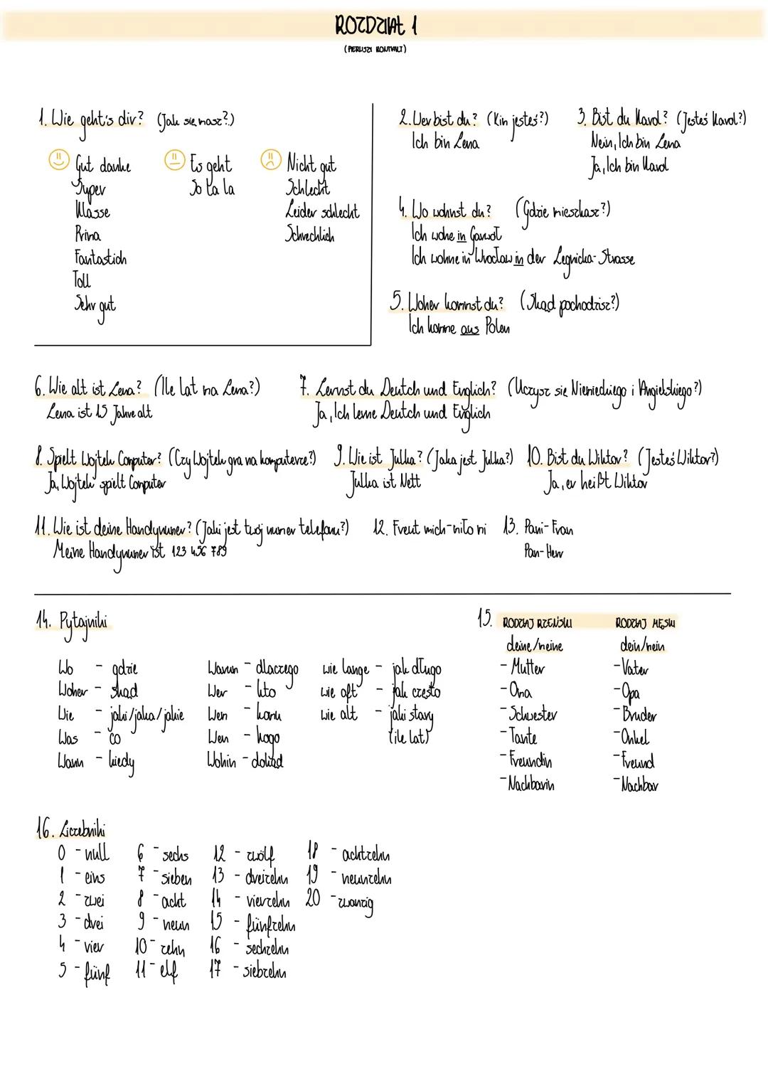 1. Wie geht's div? (Jak sie masz?)
się
Gut
Typer
Klasse
Prima
Fantastich
danke
Toll
14.
Sehr gut
6. Wie alt ist Lena? (lle lat na Lena?)
Len