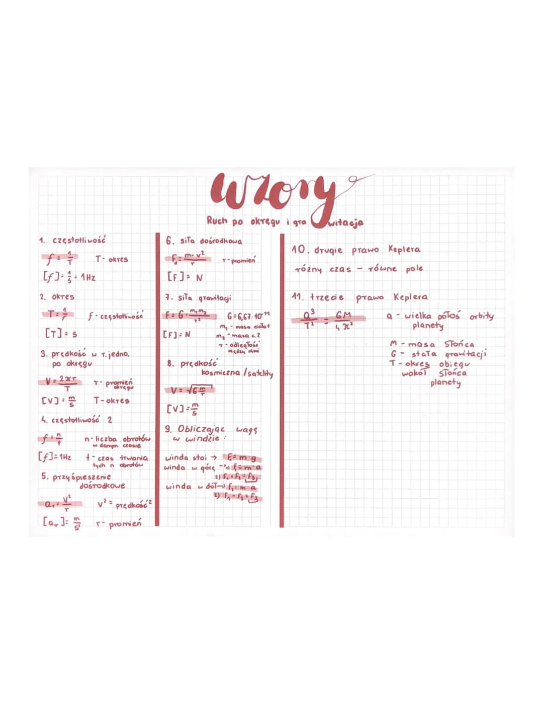 1. częstotliwość
[f] == 1Hz
2. okres
T: f-częstotliwość
[T] = S
3. prędkość
po okręgu
V=2xT
T
T- okres
V²
w T. jedno.
[]
4. częstotliwość 2
