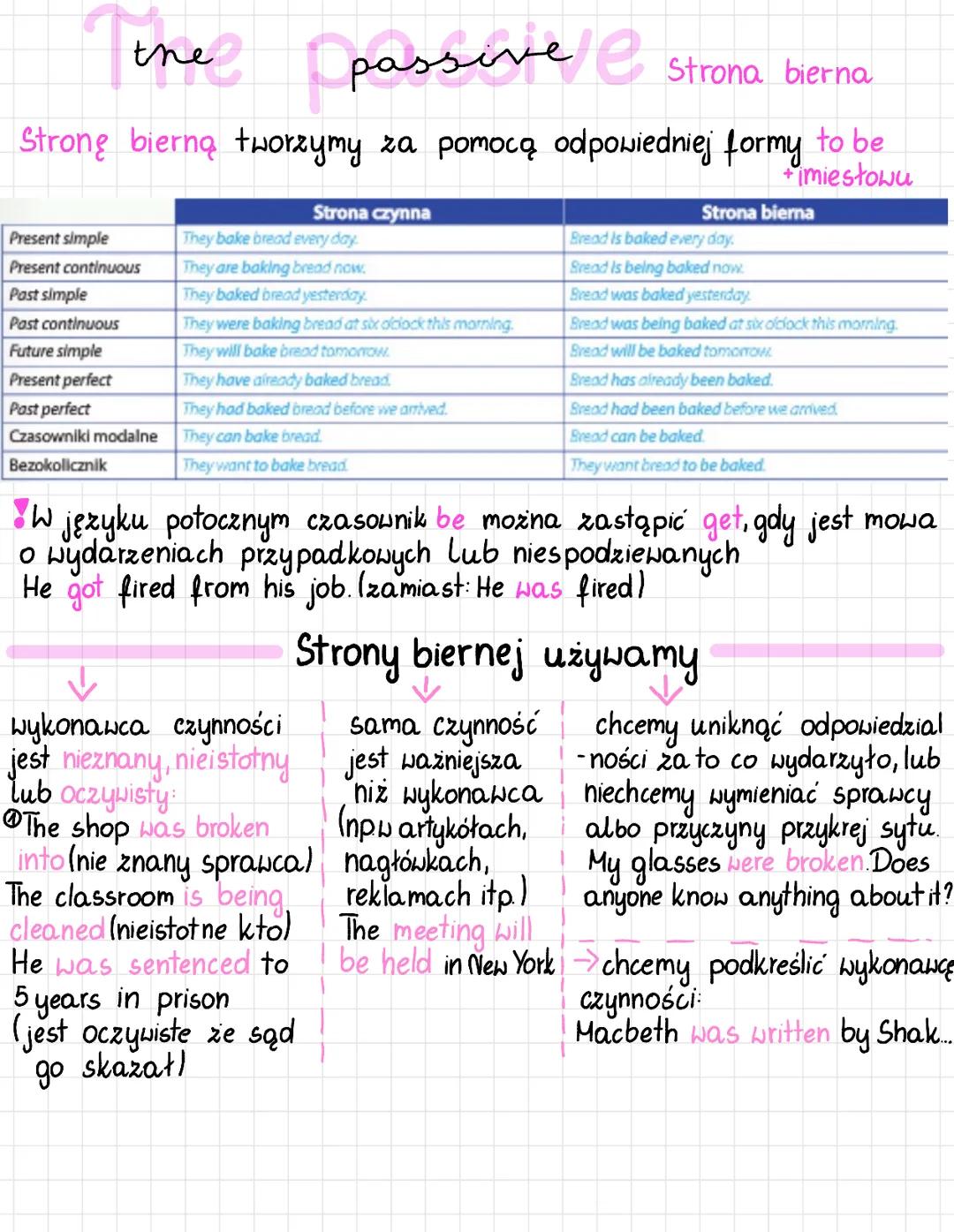 passive e
Strona bierna
Strong bierną tworzymy za pomocą odpowiedniej formy to be
+imiestowu
the
Present simple
Present continuous
Past simp