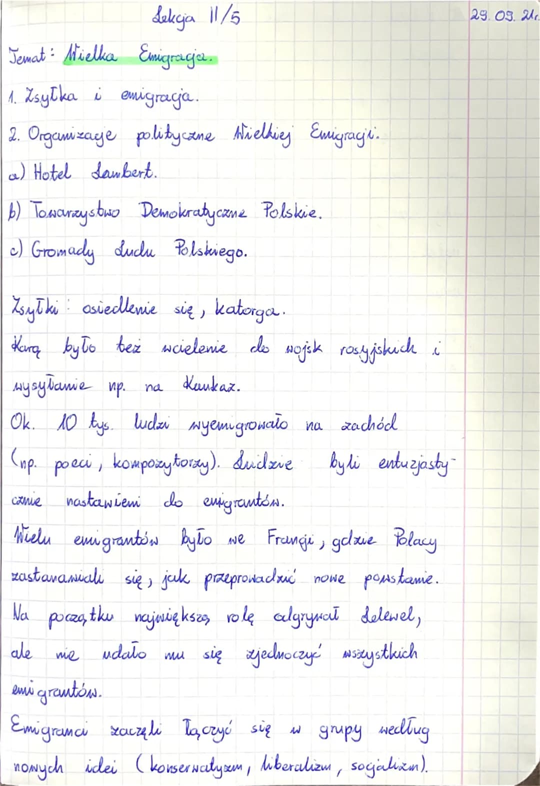 Lekcja 11/5
Temat: Wielka Emigragja.
1. Zsyłka i emigraga.
2. Organizage polityczne Wielkiej Emigraci.
a) Hotel Sambert.
b) Towarzystwo Demo