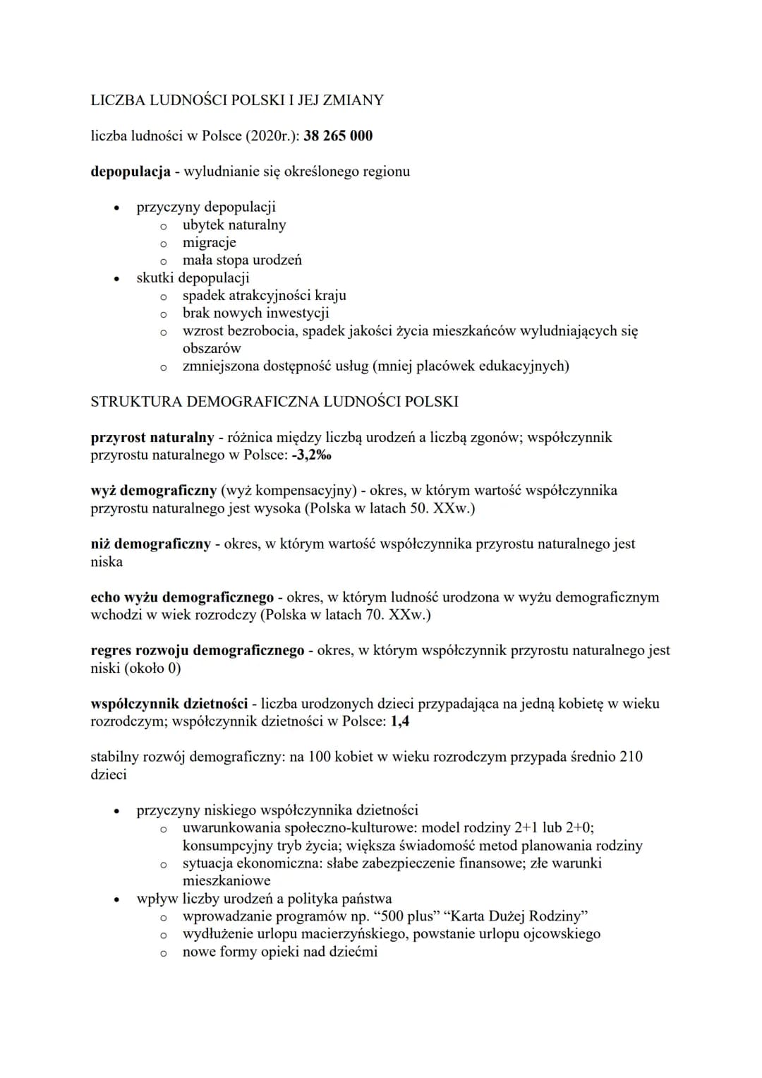 LICZBA LUDNOŚCI POLSKI I JEJ ZMIANY
liczba ludności w Polsce (2020r.): 38 265 000
depopulacja - wyludnianie się określonego regionu
przyczyn