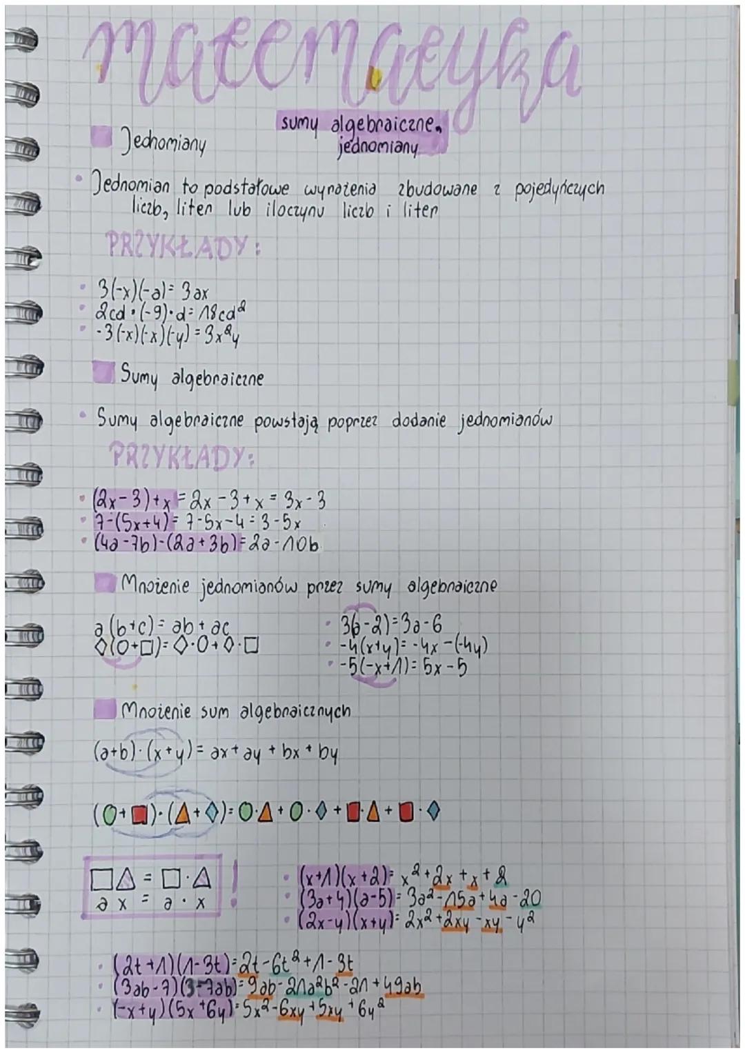 # matematyka

Jedhomiany
sumy algebraiczne.
jednomiany

• Jednomian to podstatowe wyrazenia zbudowane z pojedyńczych
liczb, liten lub iloczy