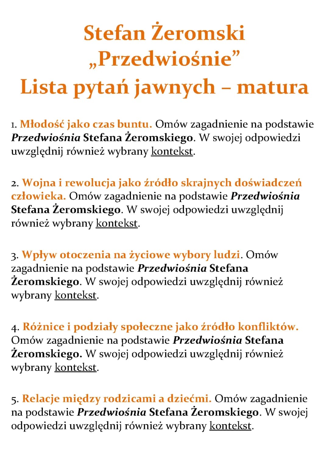 Przedwiośnie matura ustna 2024 i 2025 - Pytania jawne CKE i rozprawki