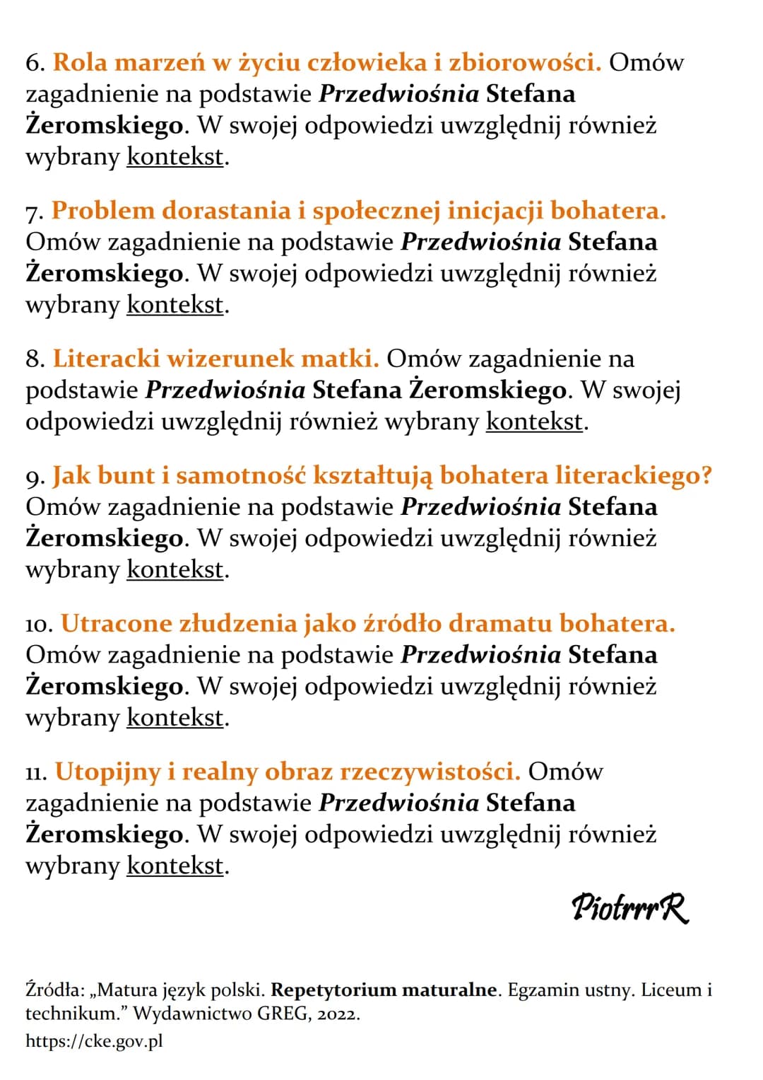 Stefan Żeromski
Przedwiośnie"
Lista pytań jawnych – matura
1. Młodość jako czas buntu. Omów zagadnienie na podstawie
Przedwiośnia Stefana Że