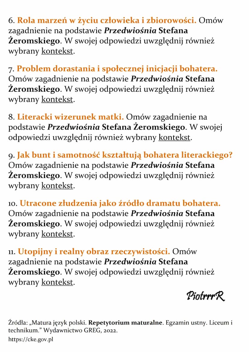 Stefan Żeromski
Przedwiośnie"
Lista pytań jawnych – matura
1. Młodość jako czas buntu. Omów zagadnienie na podstawie
Przedwiośnia Stefana Że