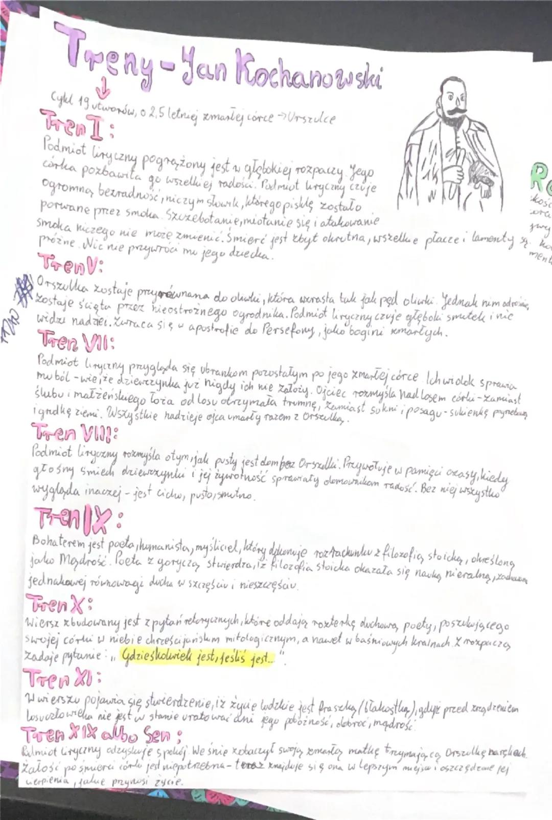 # Treny-Yan Kochanowiski

Cykl 19 utworów, o 2,5 letniej zmarłej córce Urszulce

## Tren I:

Podmiot liryczny pogrążony jest w głębokiej roz
